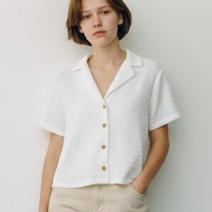 MONTEAU | NEW Women's White Textured Button-Up Short Sleeve Crop Top size Large